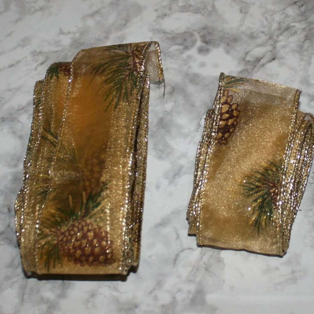 RIBBON #1430 - Gold Sheer with Pincones Wire Edge Metallic - 2 pieces 11 yds +